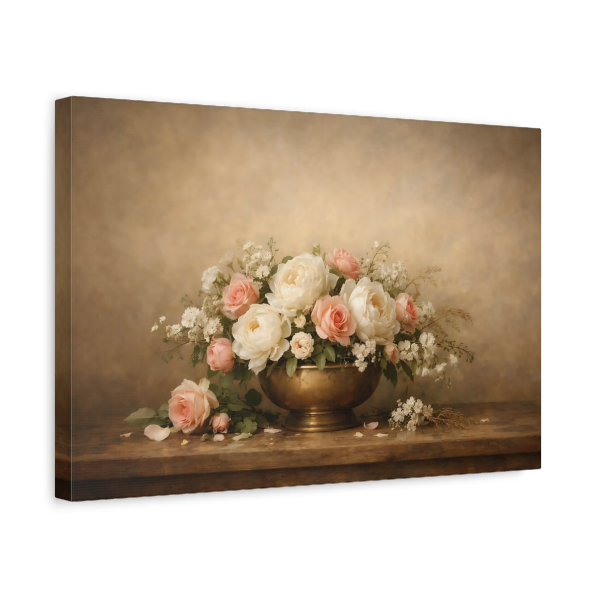 Side Mockup 4. Floral Peonies Roses Pink Cream Flowers shown as stretched canvas wall art
