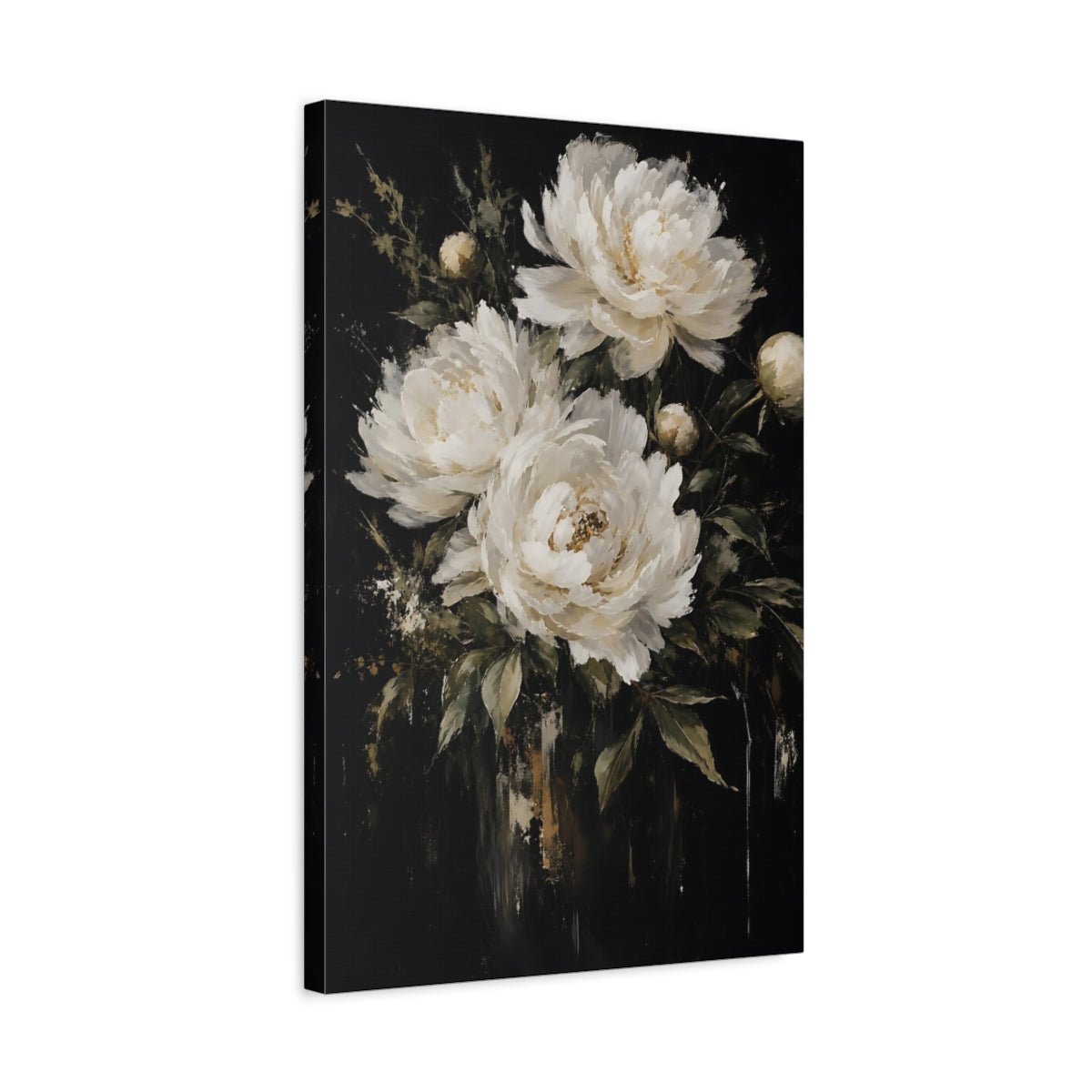 Floral Peonies White Dark Canvas Print – modern Living Room, Above Couch - YesArtYes