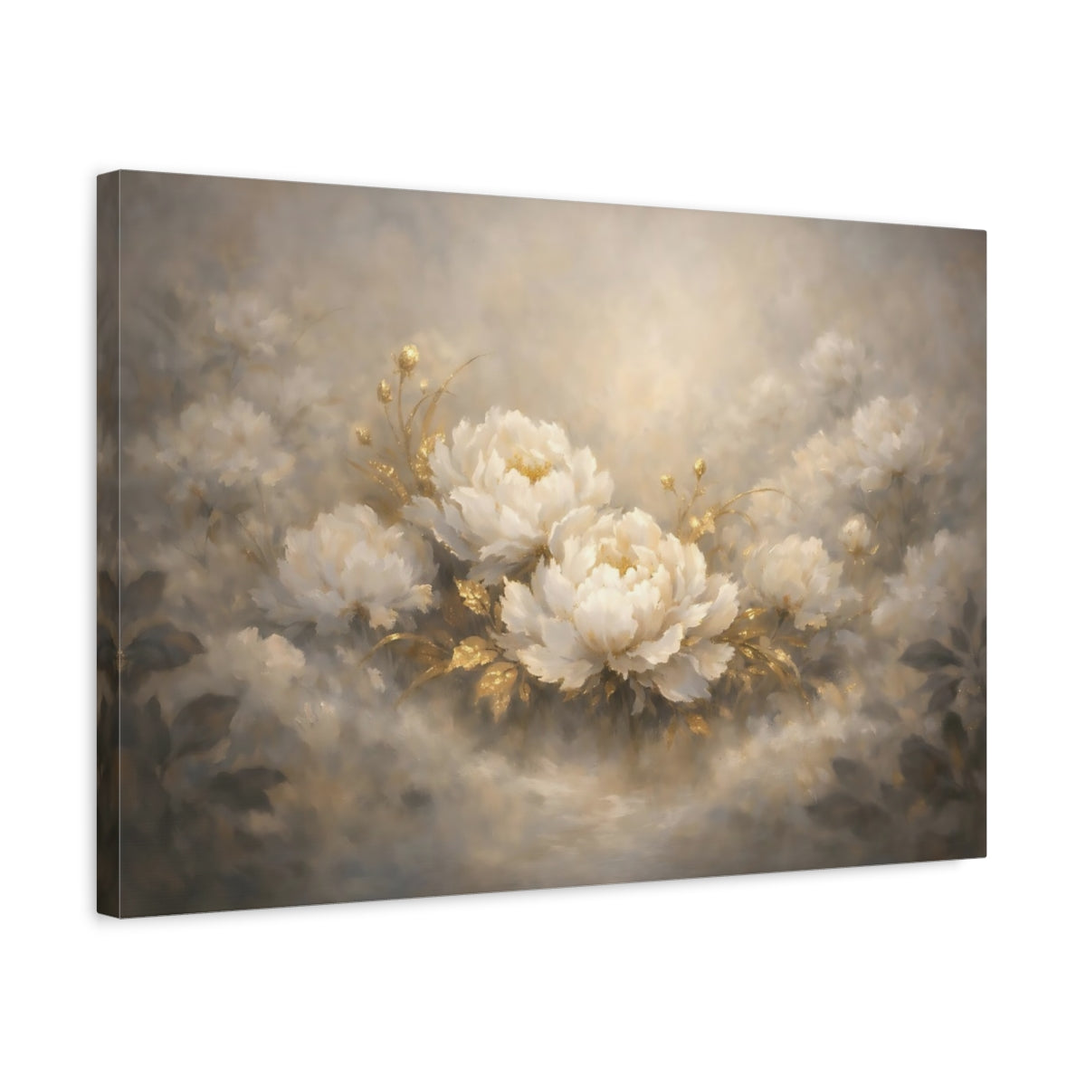 Side Mockup 3. Floral Peonies White Gold Floral shown as stretched canvas wall art