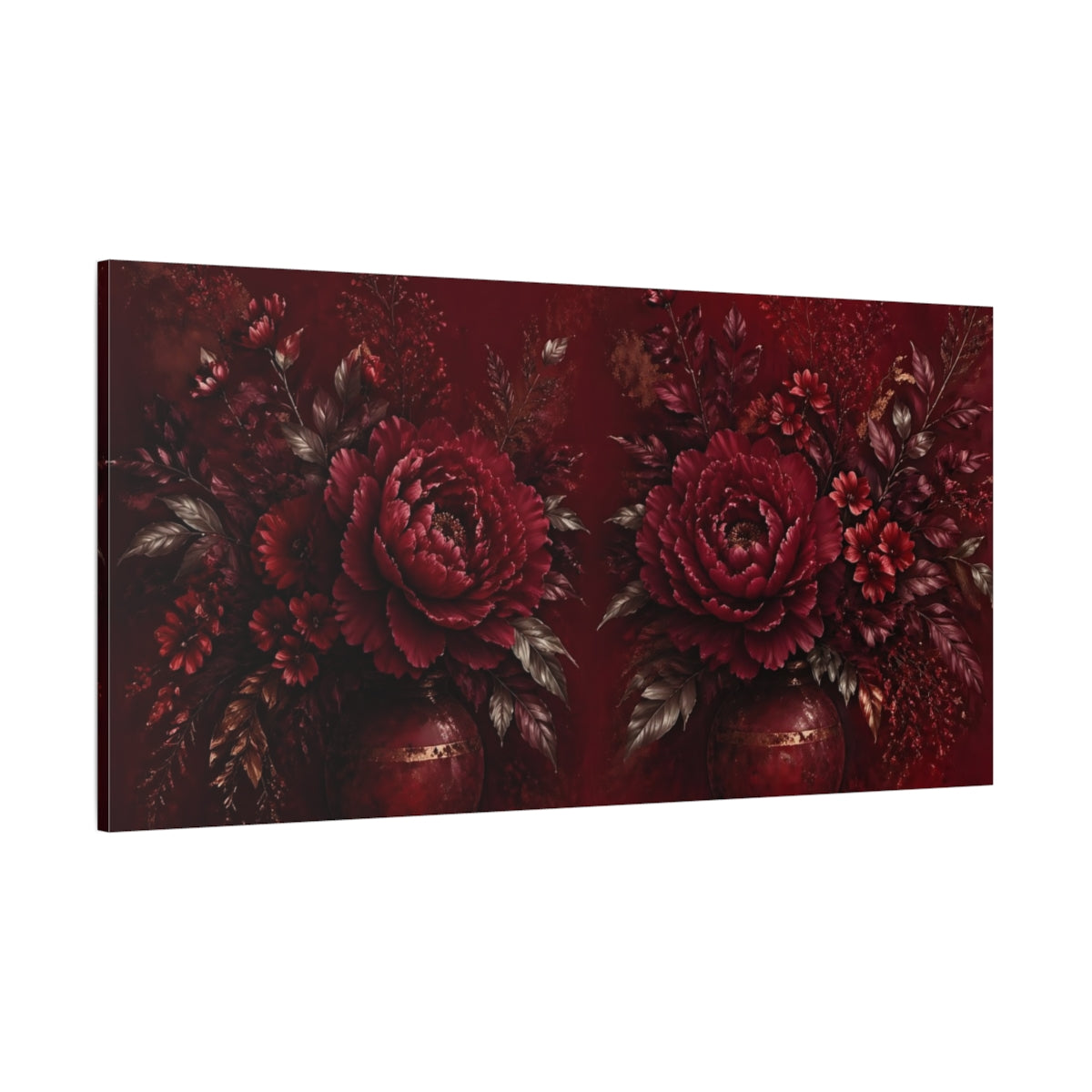 Side Mockup 2. Floral Peony Flowers Red And Gold shown as stretched canvas wall art