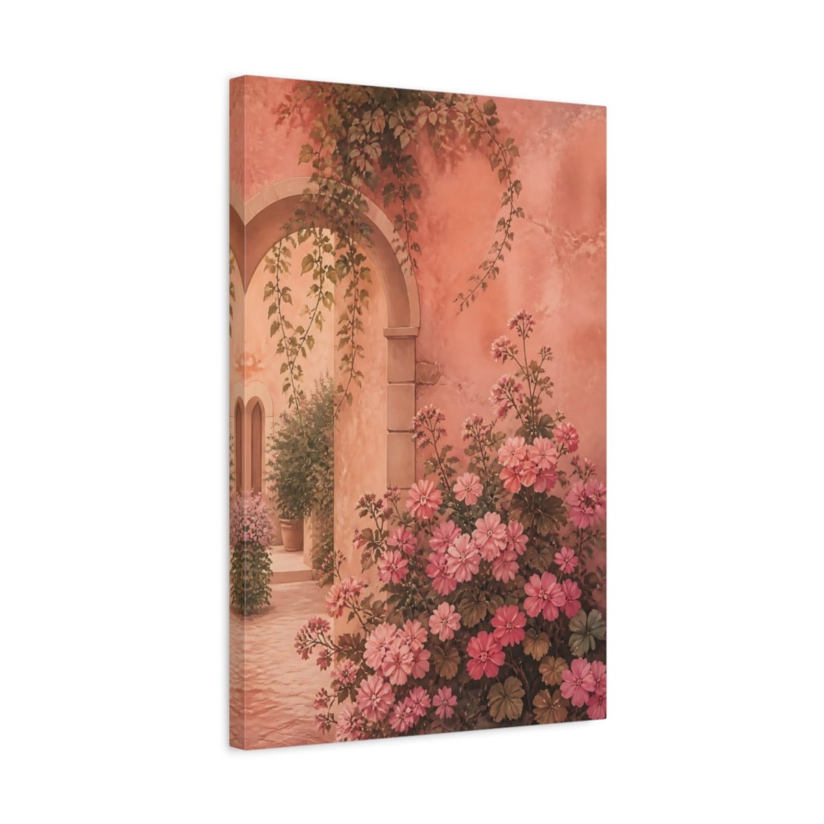 Floral Pink Flowers Courtyard Canvas Print Wall Art – Living Room Decor, Above Couch - YesArtYes