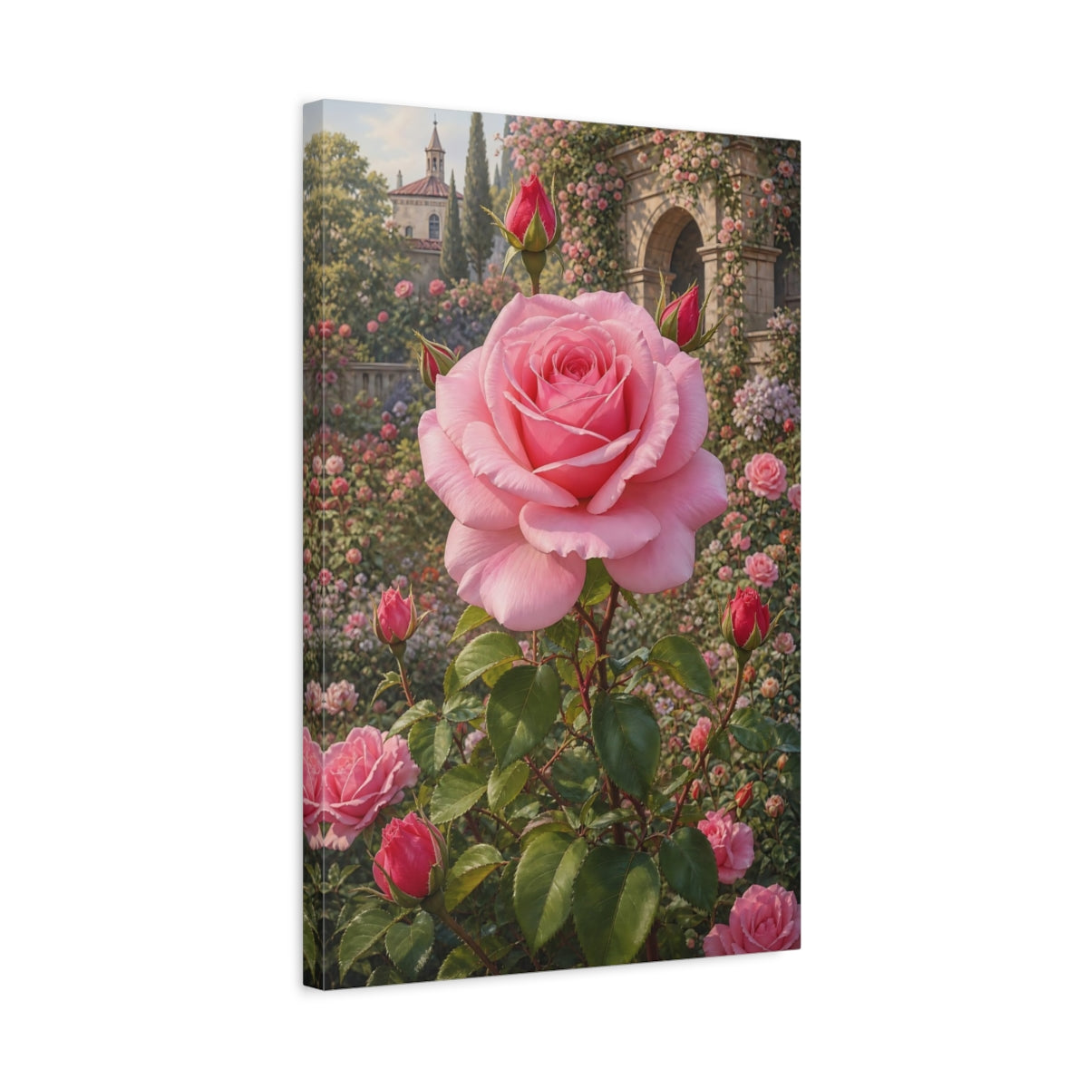 Side Mockup 3. Floral Pink Rose Pink Rose Garden shown as stretched canvas wall art