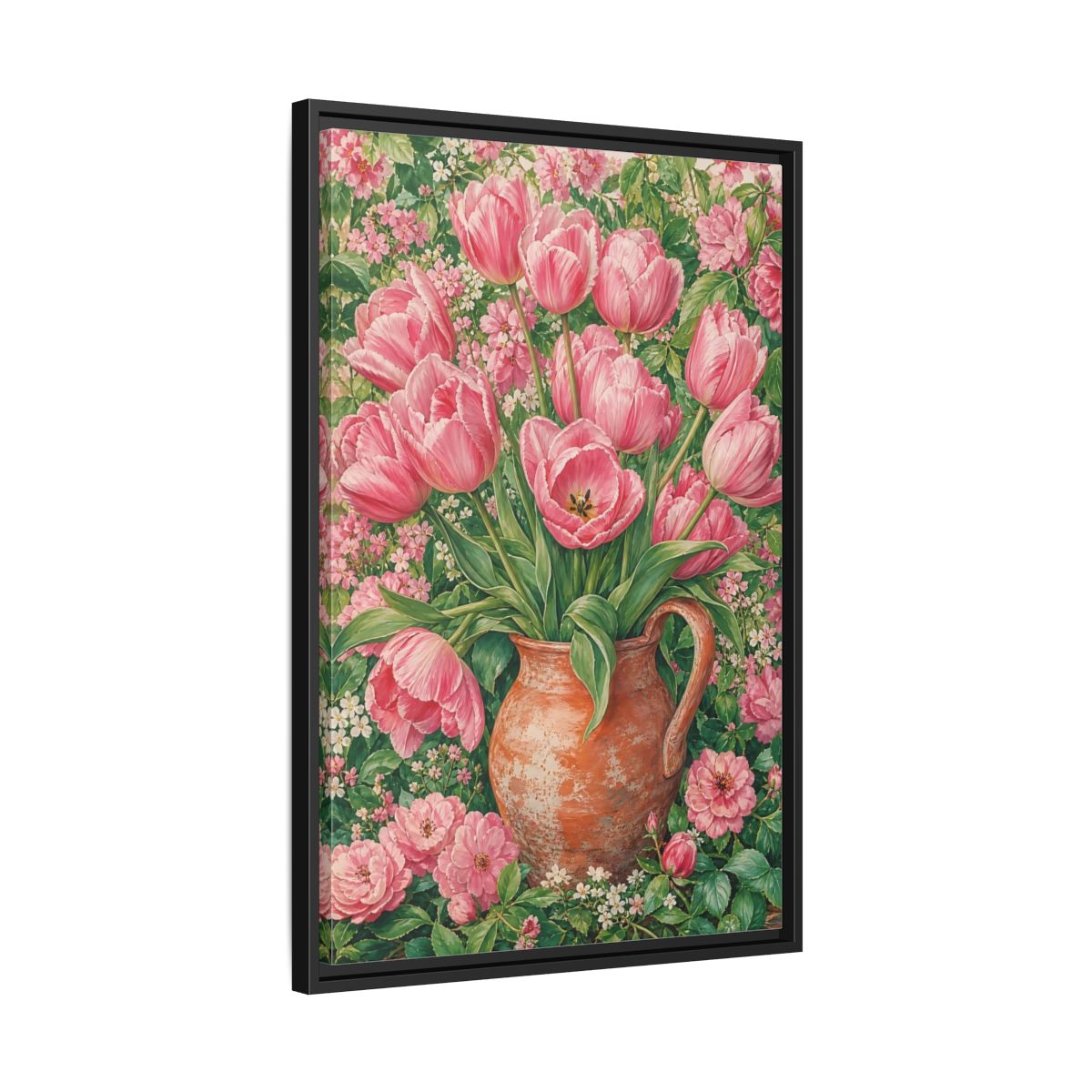Side Mockup 14. Floral Pink Tulips Pink Floral shown as framed canvas print