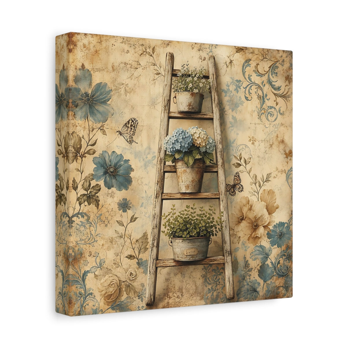 Side Mockup 9. Floral Potted Flowers Vintage Floral shown as stretched canvas wall art