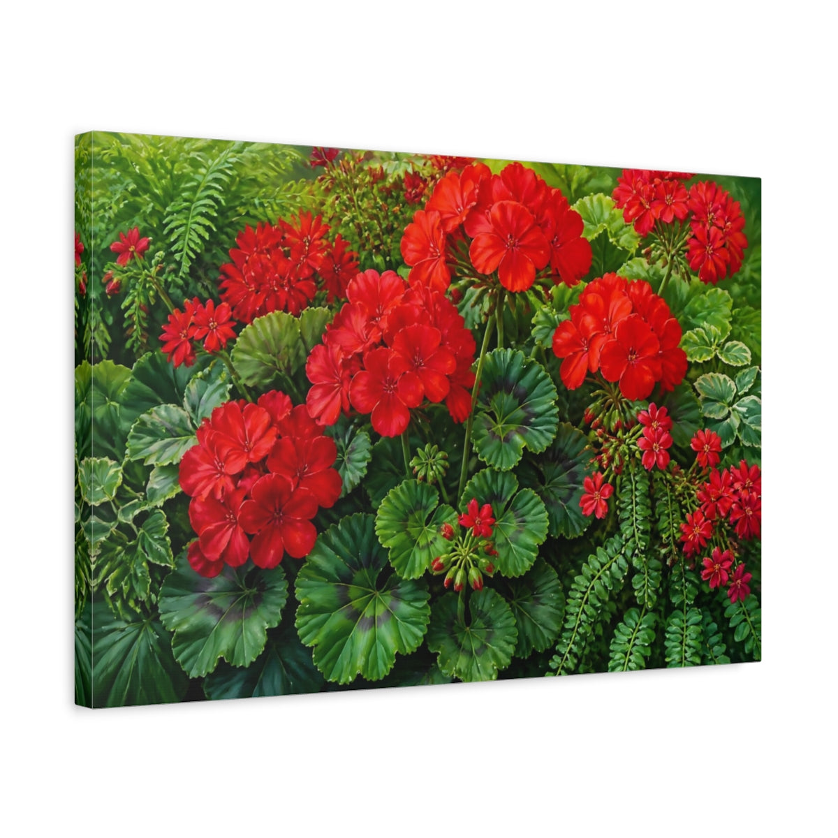 Side Mockup 3. Floral Red Geraniums shown as canvas print
