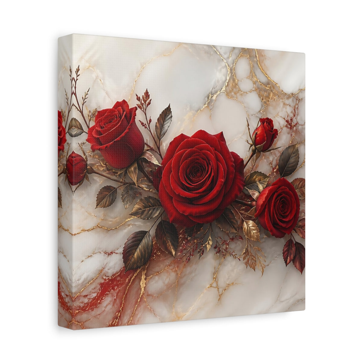 Side Mockup 9. Floral Red Roses Red Gold Marble shown as stretched canvas wall art