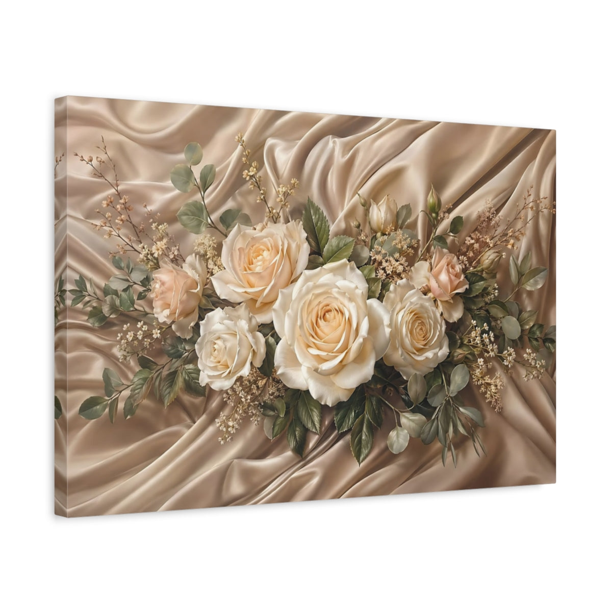 Side Mockup 3. Floral Rose Bouquet Champagne Roses shown as stretched canvas wall art