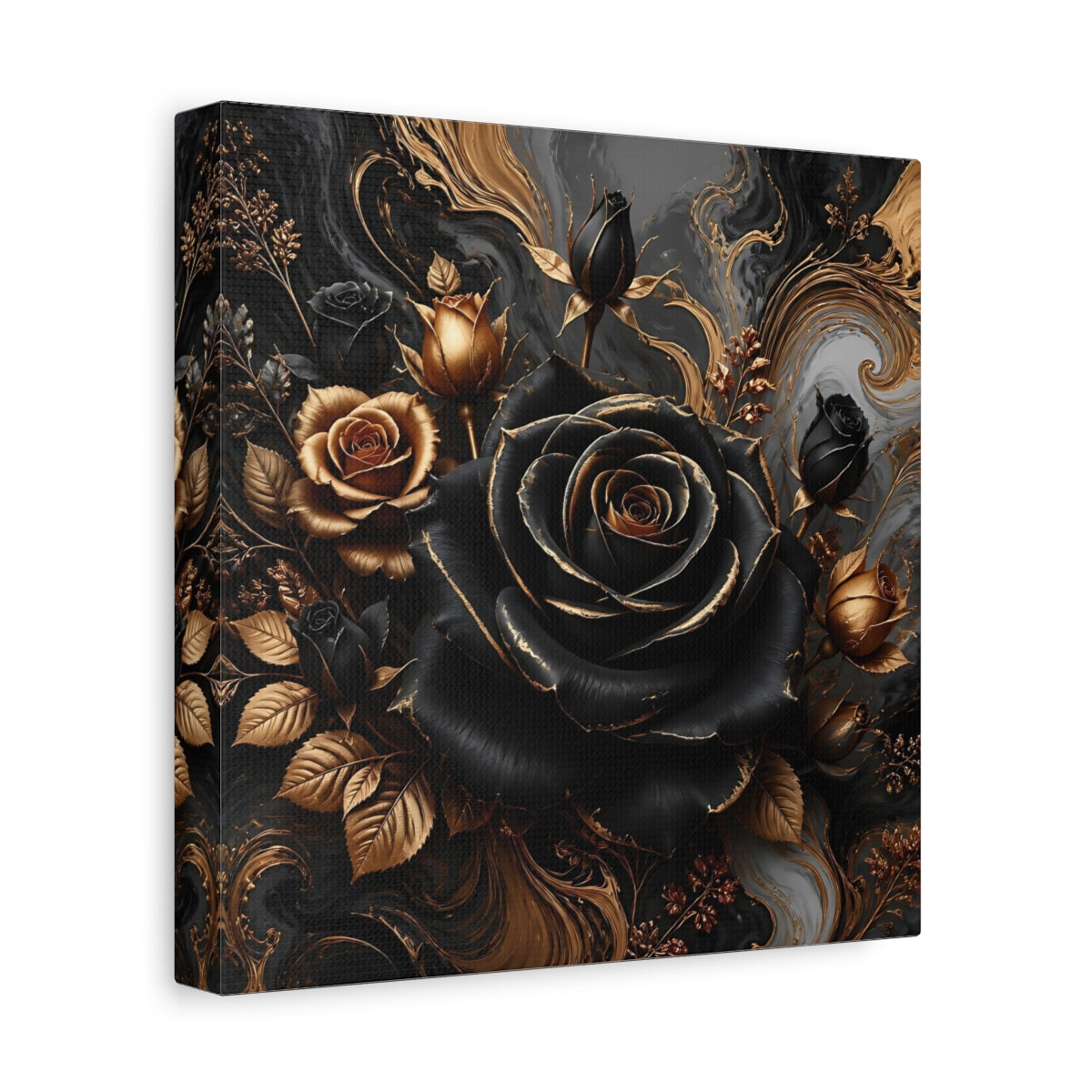 Side Mockup 9. Floral Roses Black Gold Floral shown as stretched canvas wall art