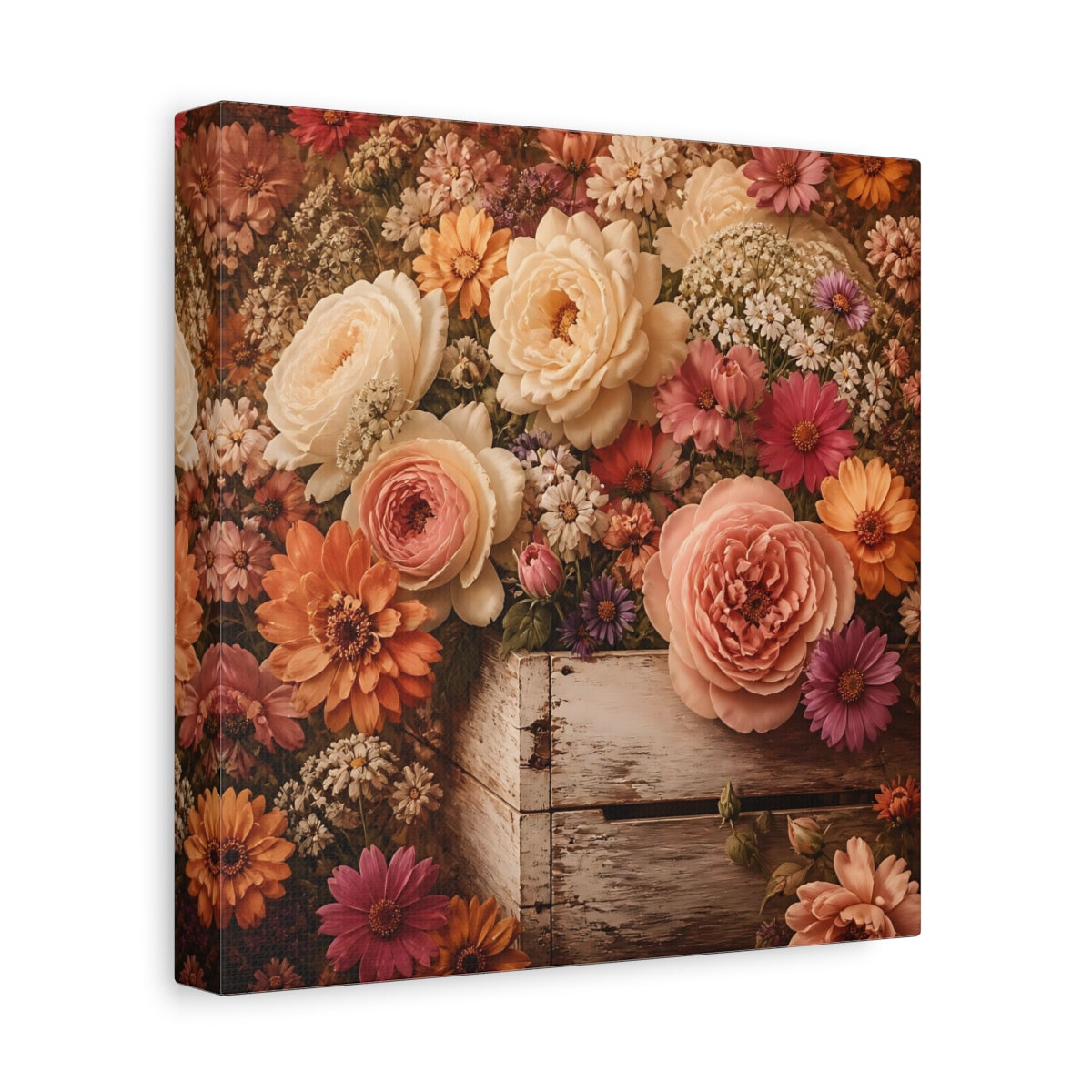 Side Mockup 9. Floral Roses Vintage Floral shown as stretched canvas wall art