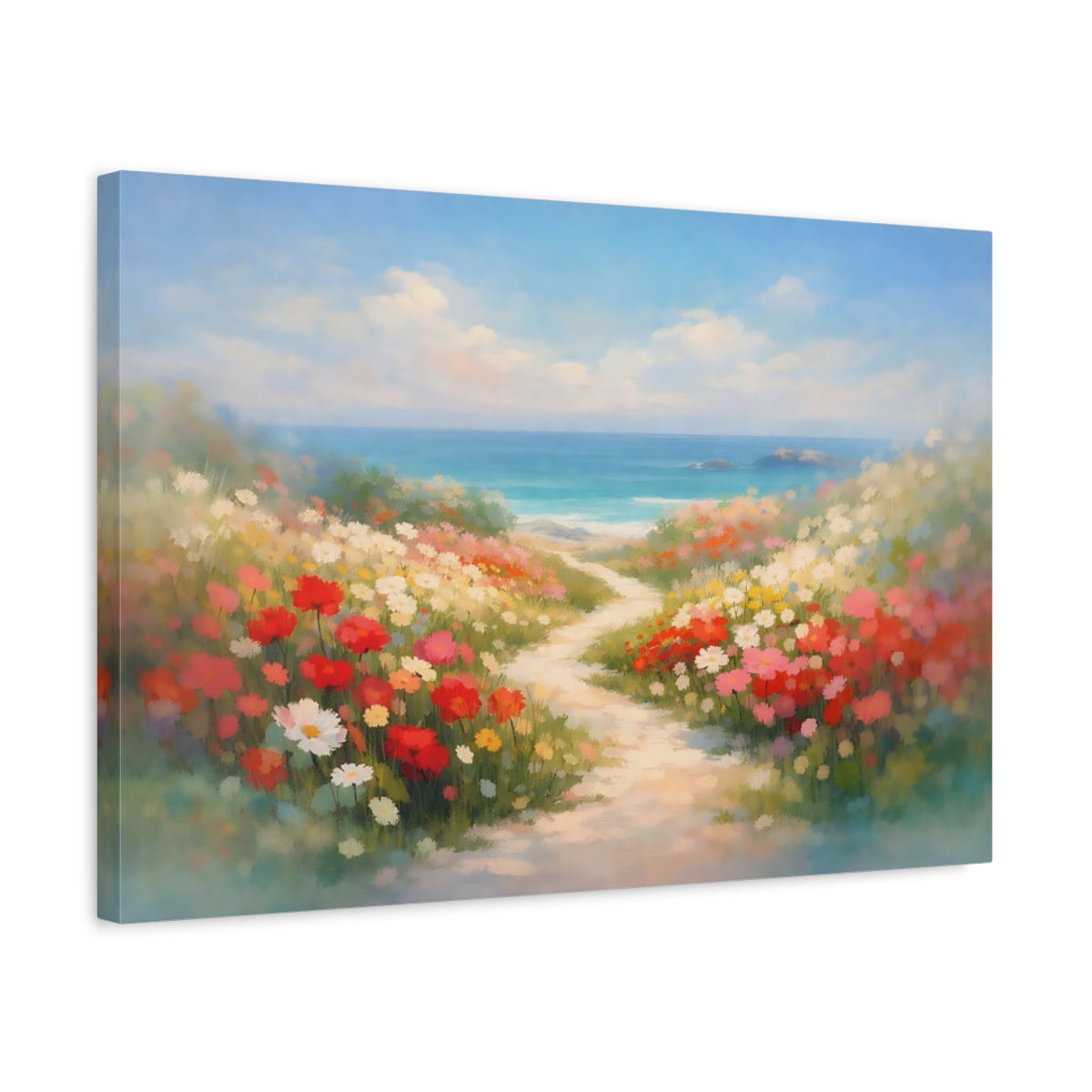 Side Mockup 3. Floral Seaside Path shown as stretched canvas wall art
