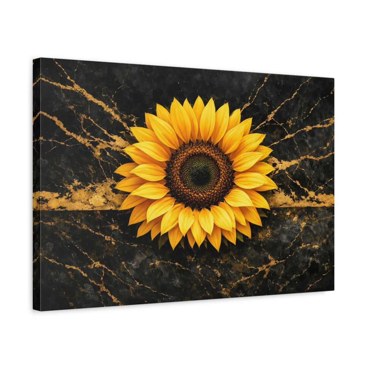 Side Mockup 3. Floral Sunflower Black And Gold Sunflower shown as stretched canvas wall art