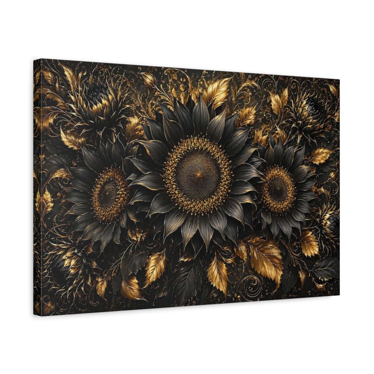 Side Mockup 3. Floral Sunflowers Black And Gold shown as stretched canvas wall art