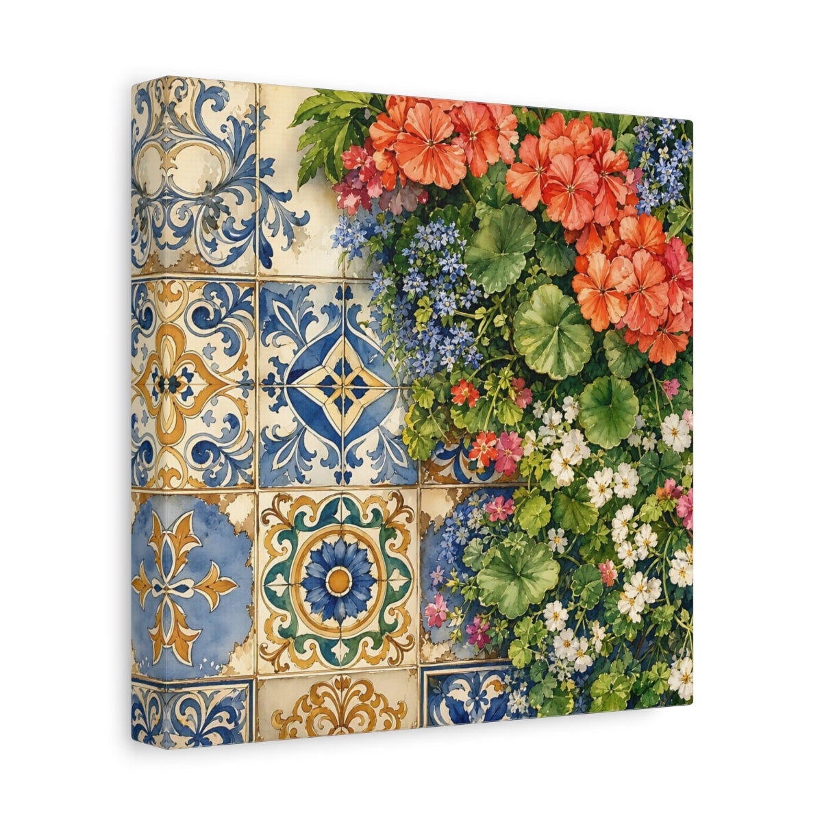 Side Mockup 9. Floral Floral Tiles Colorful Floral Tiles shown as stretched canvas wall art