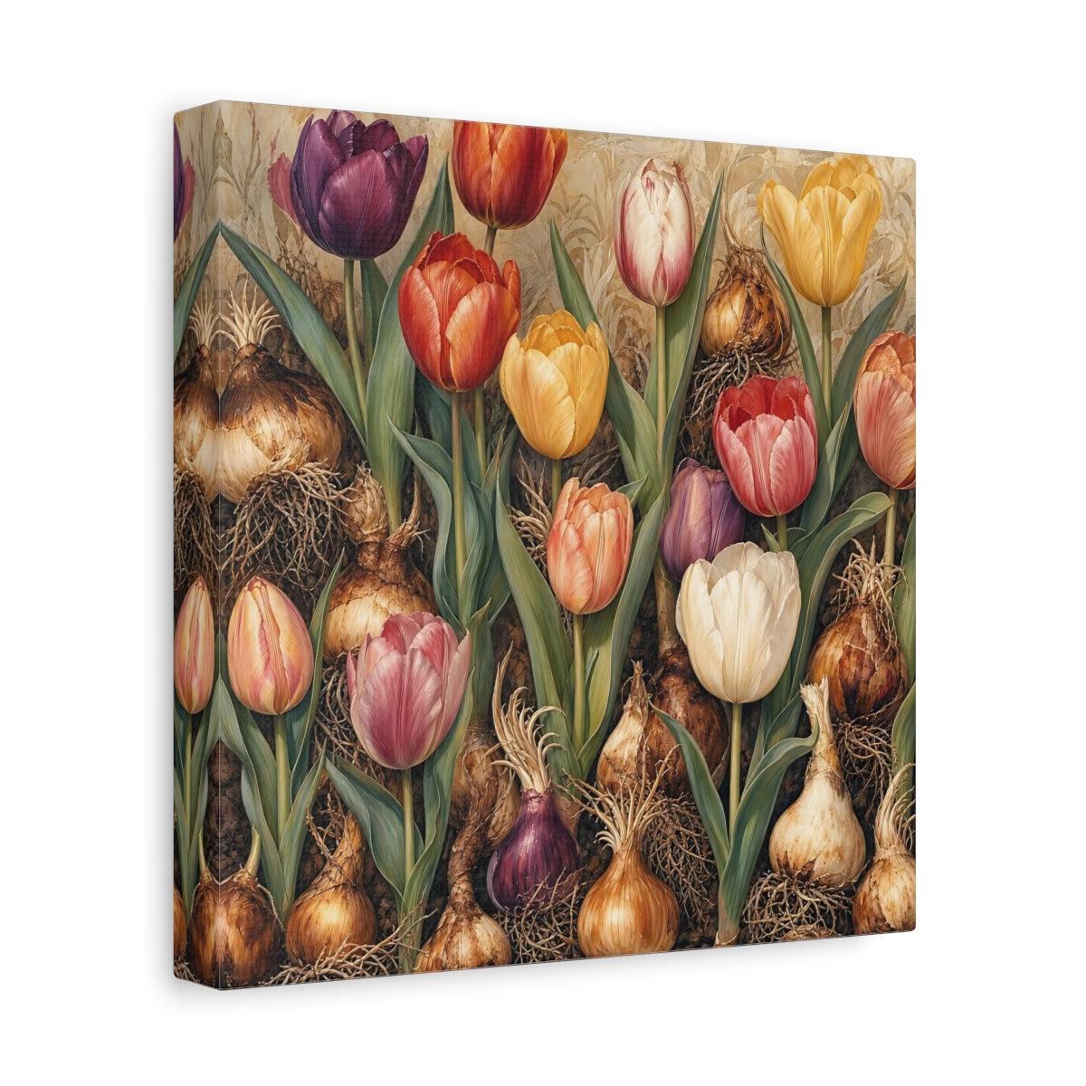 Side Mockup 9. Floral Tulips Colorful Tulips shown as stretched canvas wall art