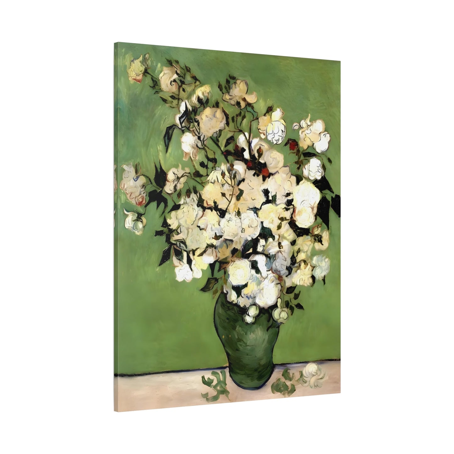 Floral Vase of Roses Canvas Wall Art - Green Van Gogh Print - YesArtYes