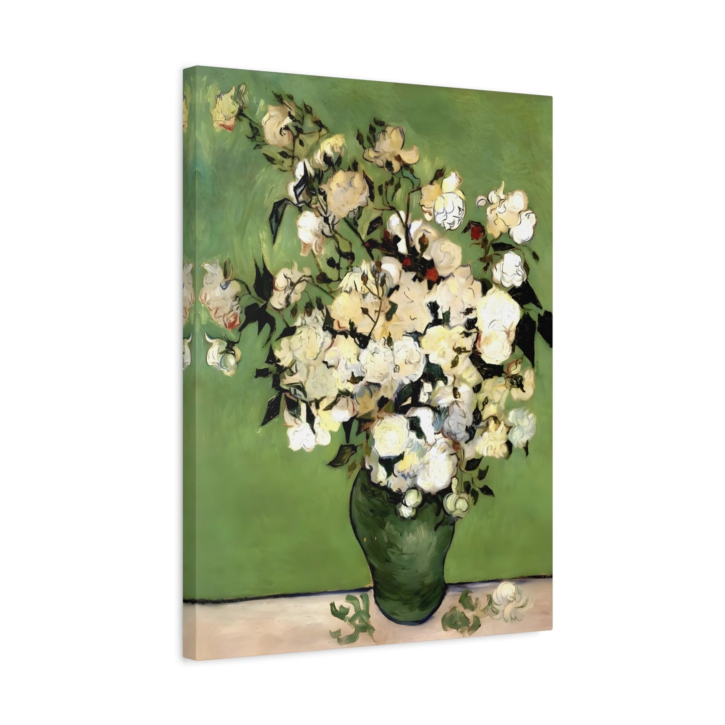 Floral Vase of Roses Canvas Wall Art - Green Van Gogh Print - YesArtYes