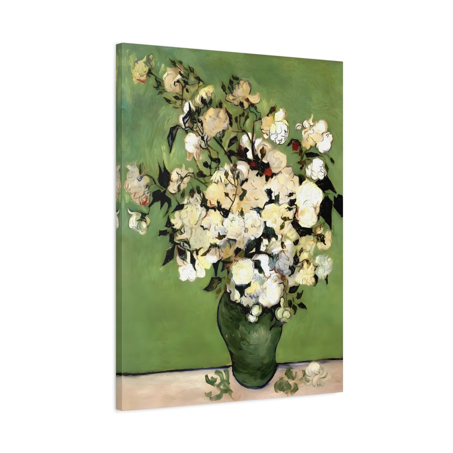 Floral Vase of Roses Canvas Wall Art - Green Van Gogh Print - YesArtYes