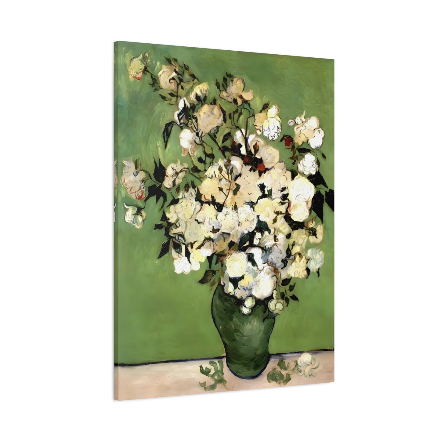 Floral Vase of Roses Canvas Wall Art - Green Van Gogh Print - YesArtYes