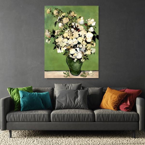 Floral Vase of Roses Canvas Wall Art - Green Van Gogh Print - YesArtYes