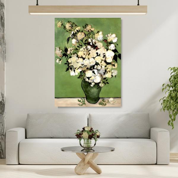 Floral Vase of Roses Canvas Wall Art - Green Van Gogh Print - YesArtYes