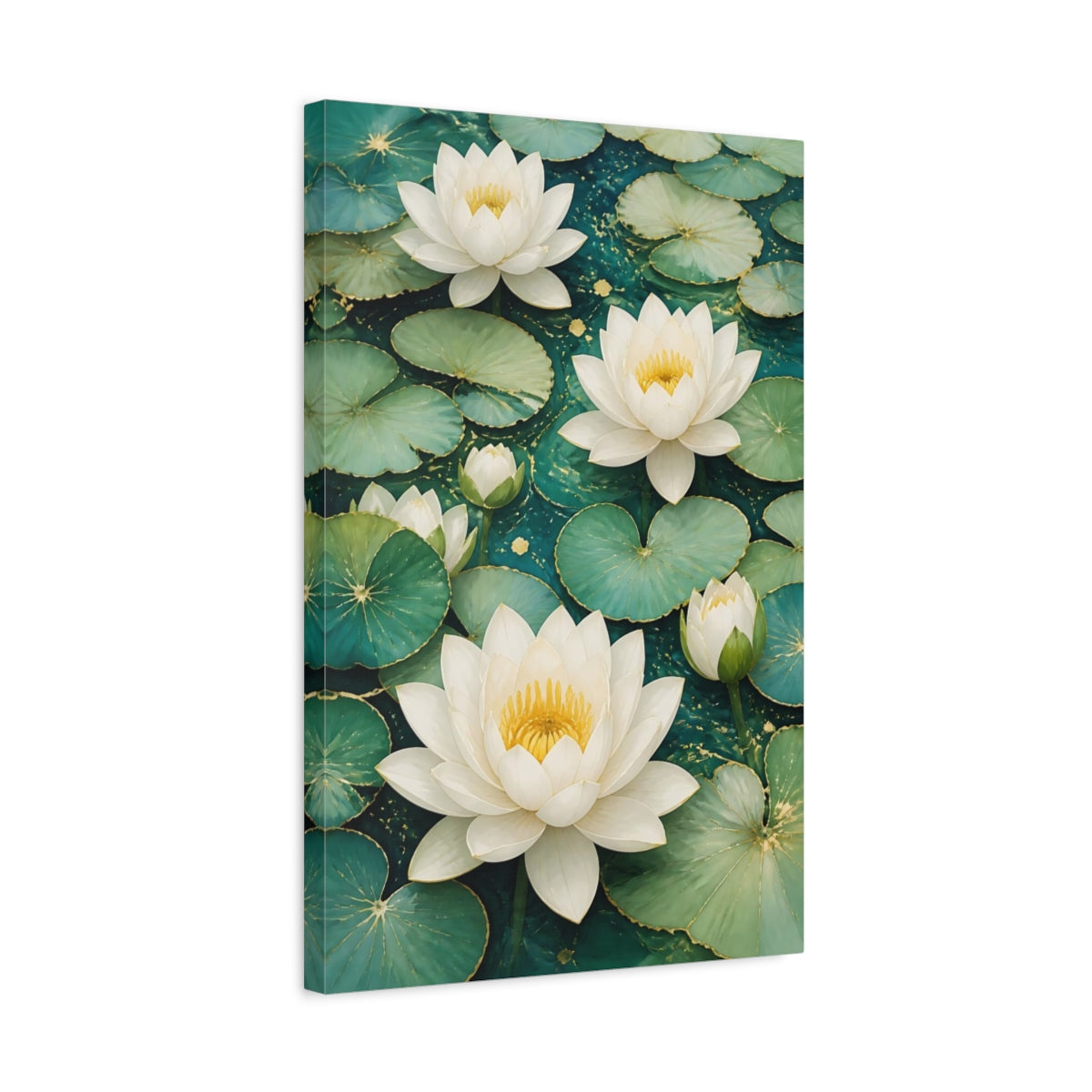 Side Mockup 3. Floral Water Lilies Teal And White Floral shown as canvas print