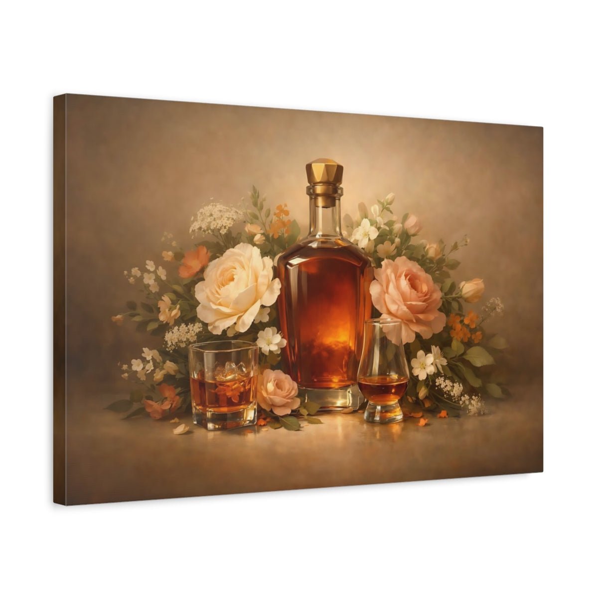 Floral Whiskey Bottle And Roses - Canvas Wall Art Print - YesArtYes