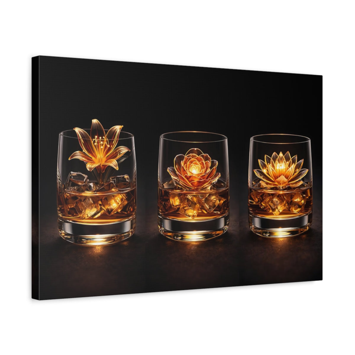 Side Mockup 3. Floral Floral Whiskey Golden Flowers shown as stretched canvas wall art