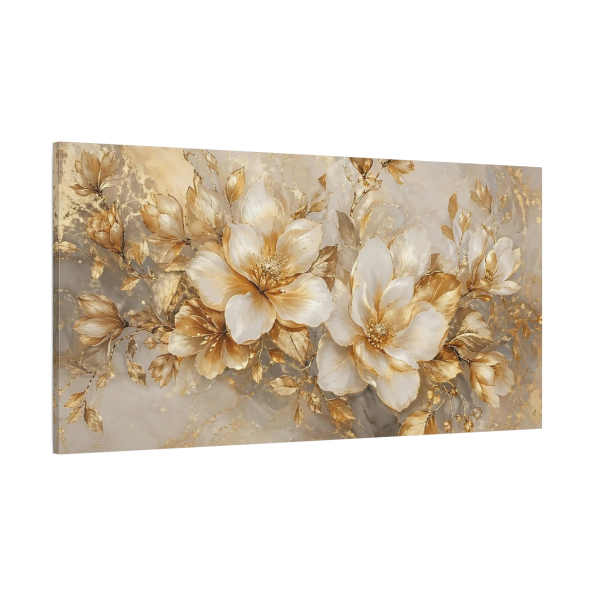 Side Mockup 2. Floral White Flowers White And Gold shown as stretched canvas wall art
