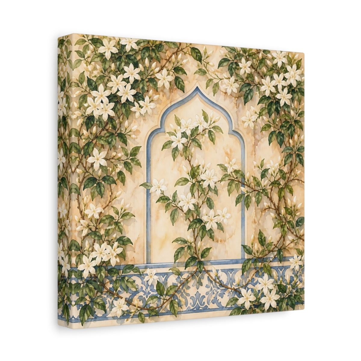 Side Mockup 9. Floral White Flowers Cream And Blue Floral shown as stretched canvas wall art