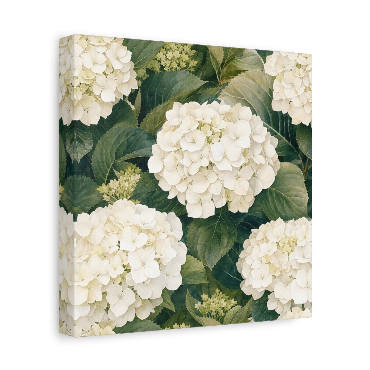 Side Mockup 9. Floral White Hydrangea White And Green shown as stretched canvas wall art