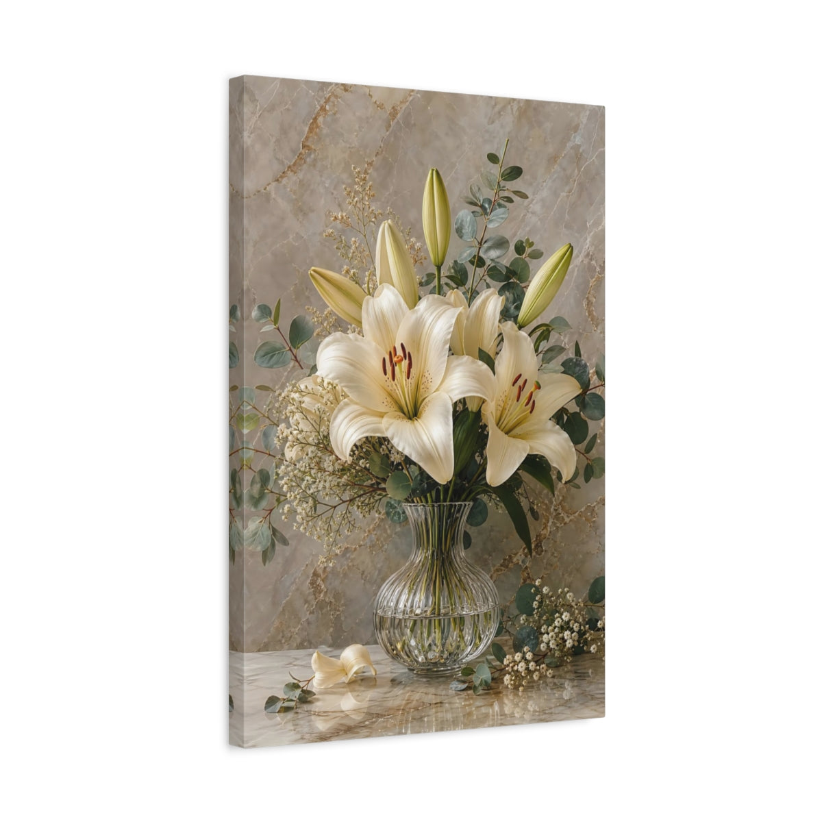 Side Mockup 3. Floral White Lilies White Lilies Beige shown as stretched canvas wall art