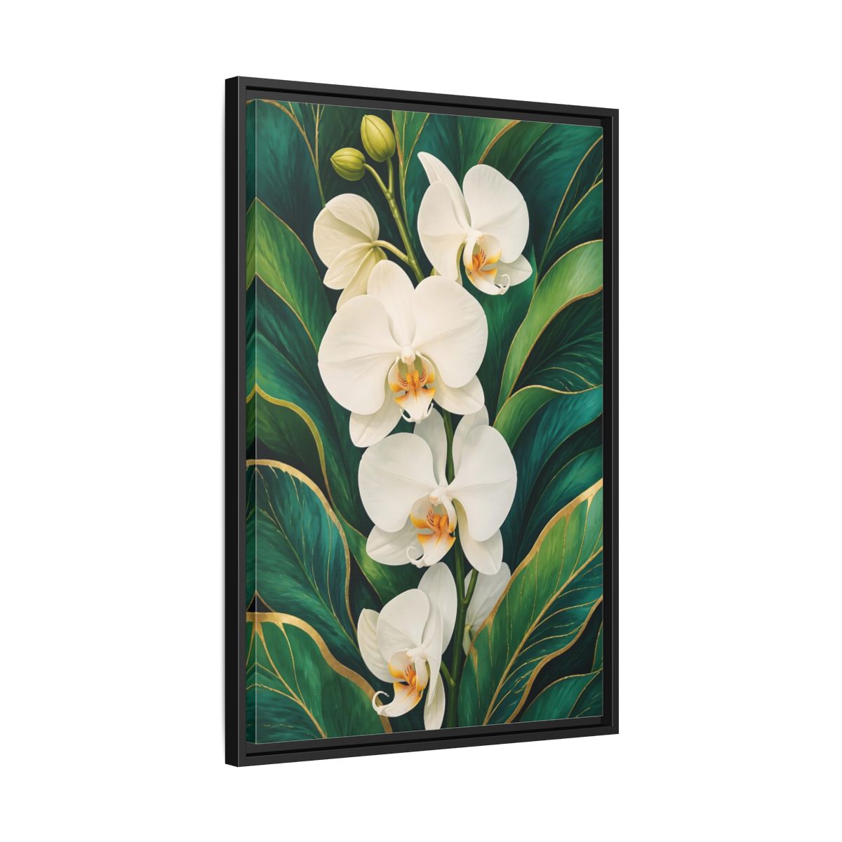 Side Mockup 14. Floral White Orchids White Orchid Gold shown as framed canvas print