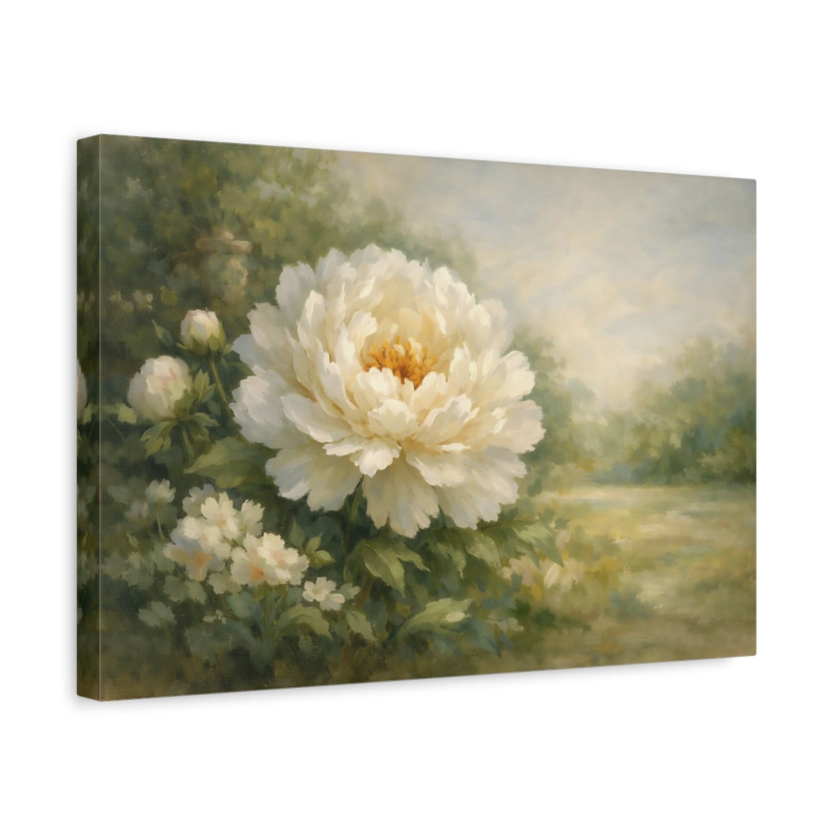 Side Mockup 4. Floral White Peony White Peony Flower shown as stretched canvas wall art