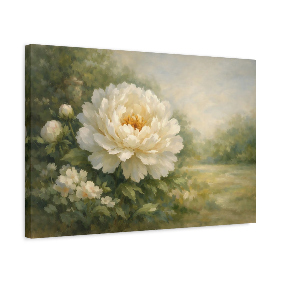Side Mockup 3. Floral White Peony White Peony Flower shown as stretched canvas wall art