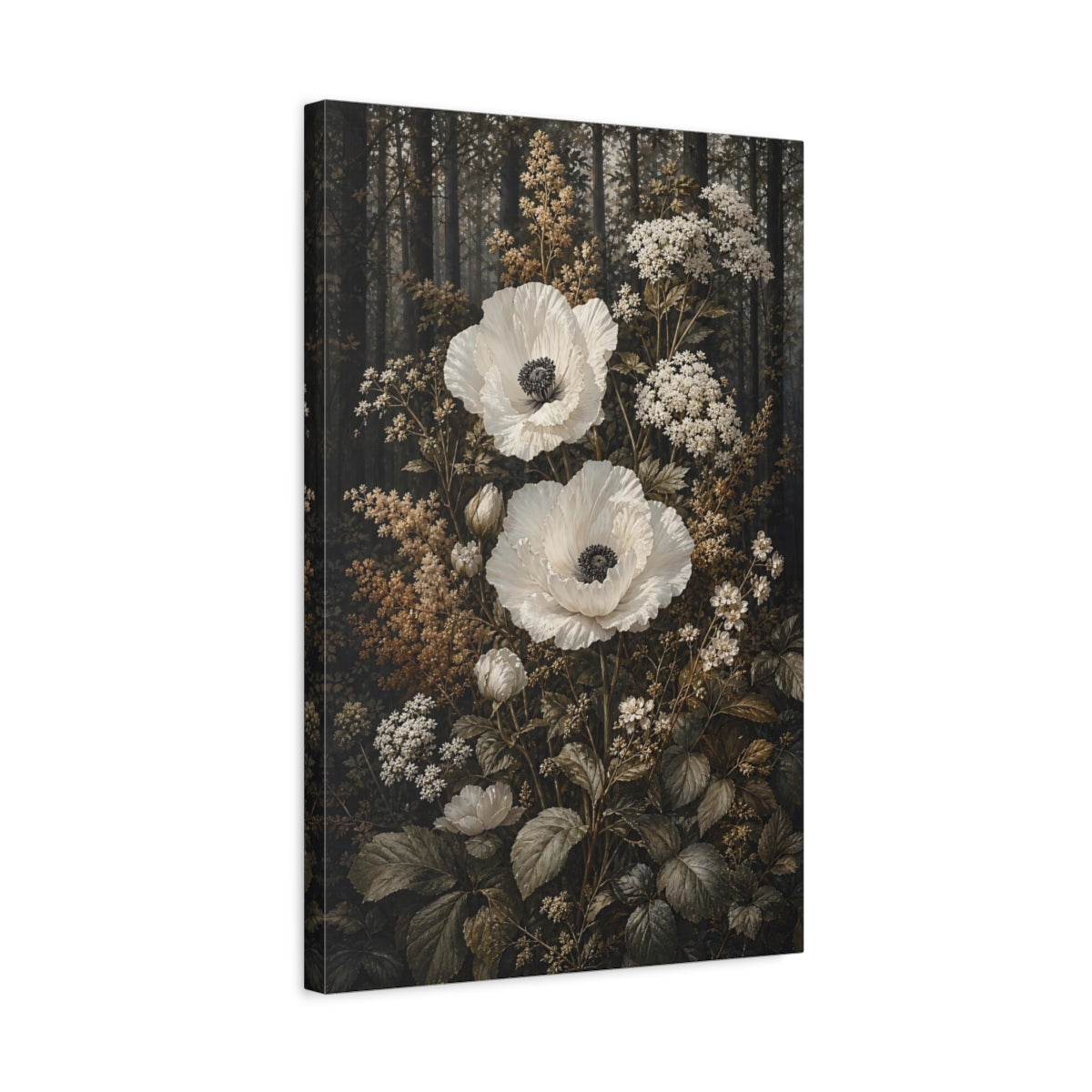 Side Mockup 3. Floral White Poppies White Poppies shown as stretched canvas wall art