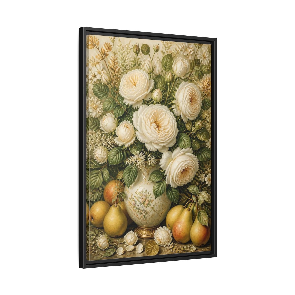 Floral White Roses Cream Still Life Framed Canvas Print Wall Art – Living Room Decor, Above Couch - YesArtYes