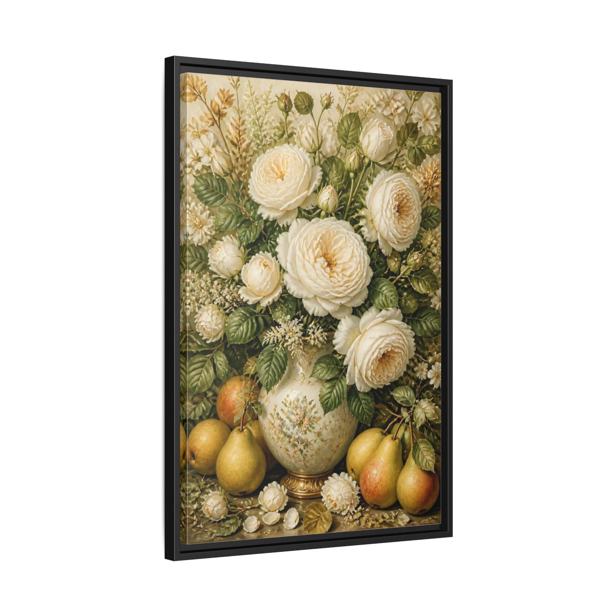Side Mockup 14. Floral White Roses Cream Floral Still Life shown as framed canvas print