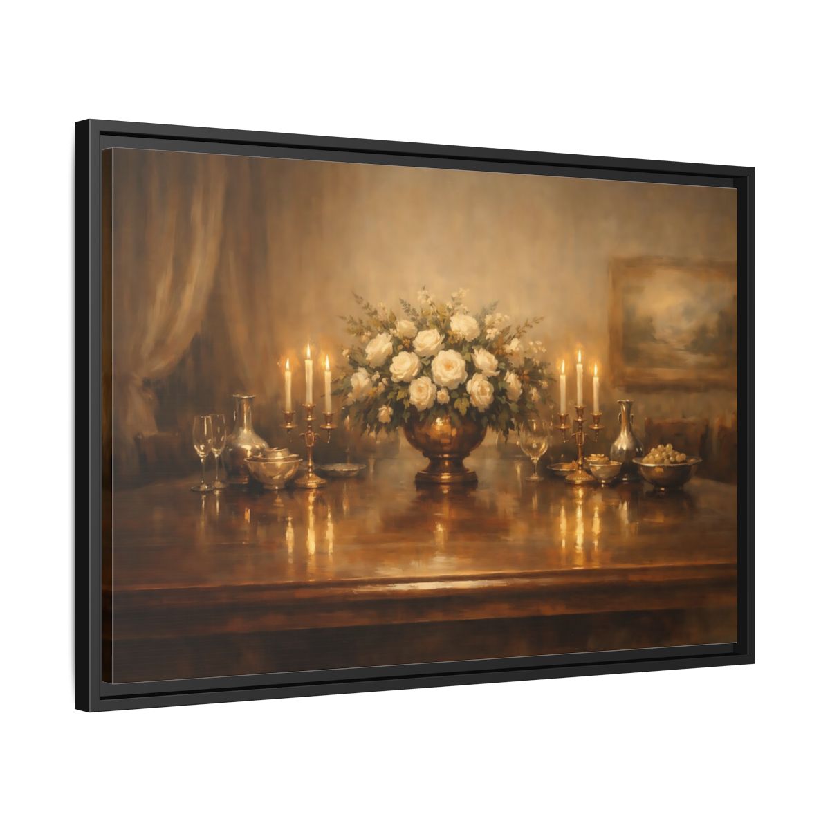 Side Mockup 14. Floral White Roses Gold And White shown as stretched canvas wall art