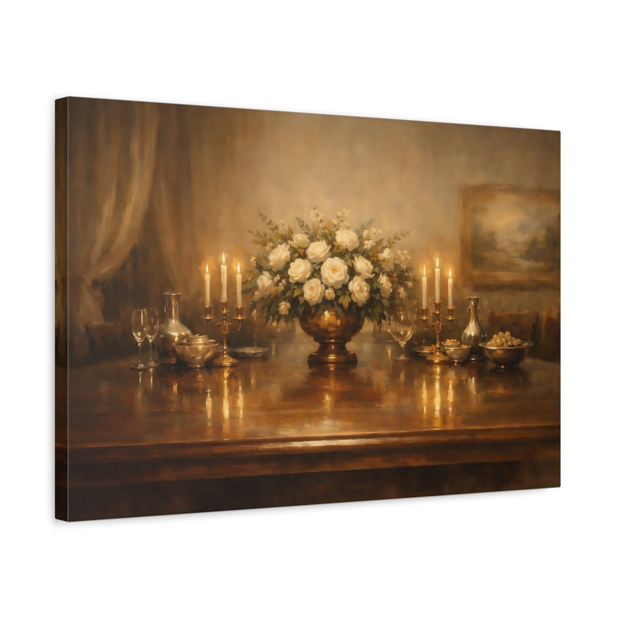 Side Mockup 3. Floral White Roses Warm Tones shown as stretched canvas wall art