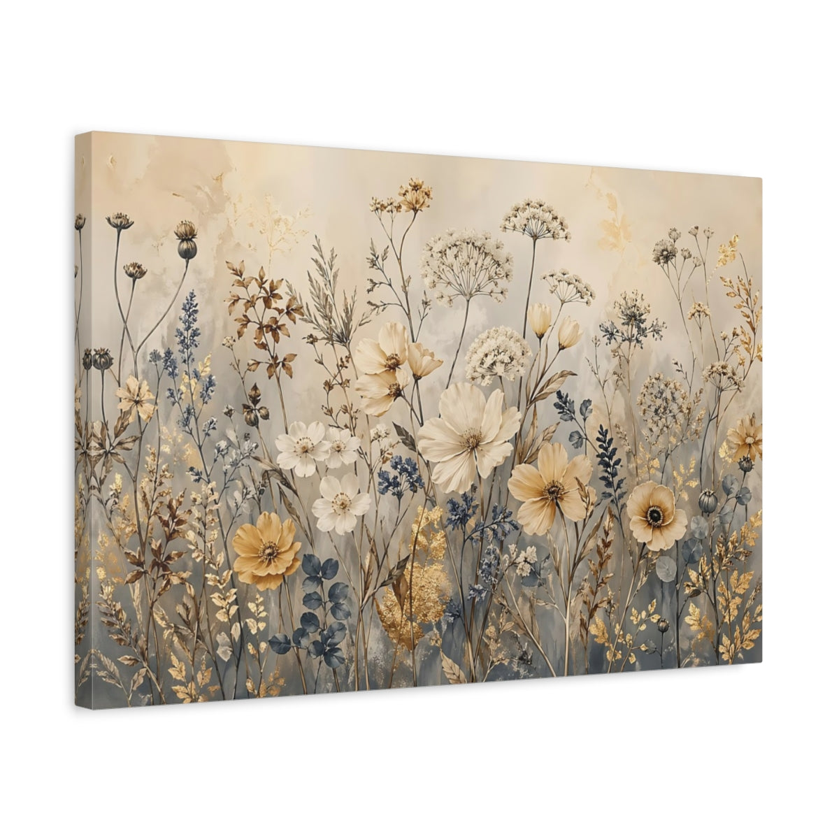 Side Mockup 3. Floral Wildflowers Gold Cream Floral shown as stretched canvas wall art