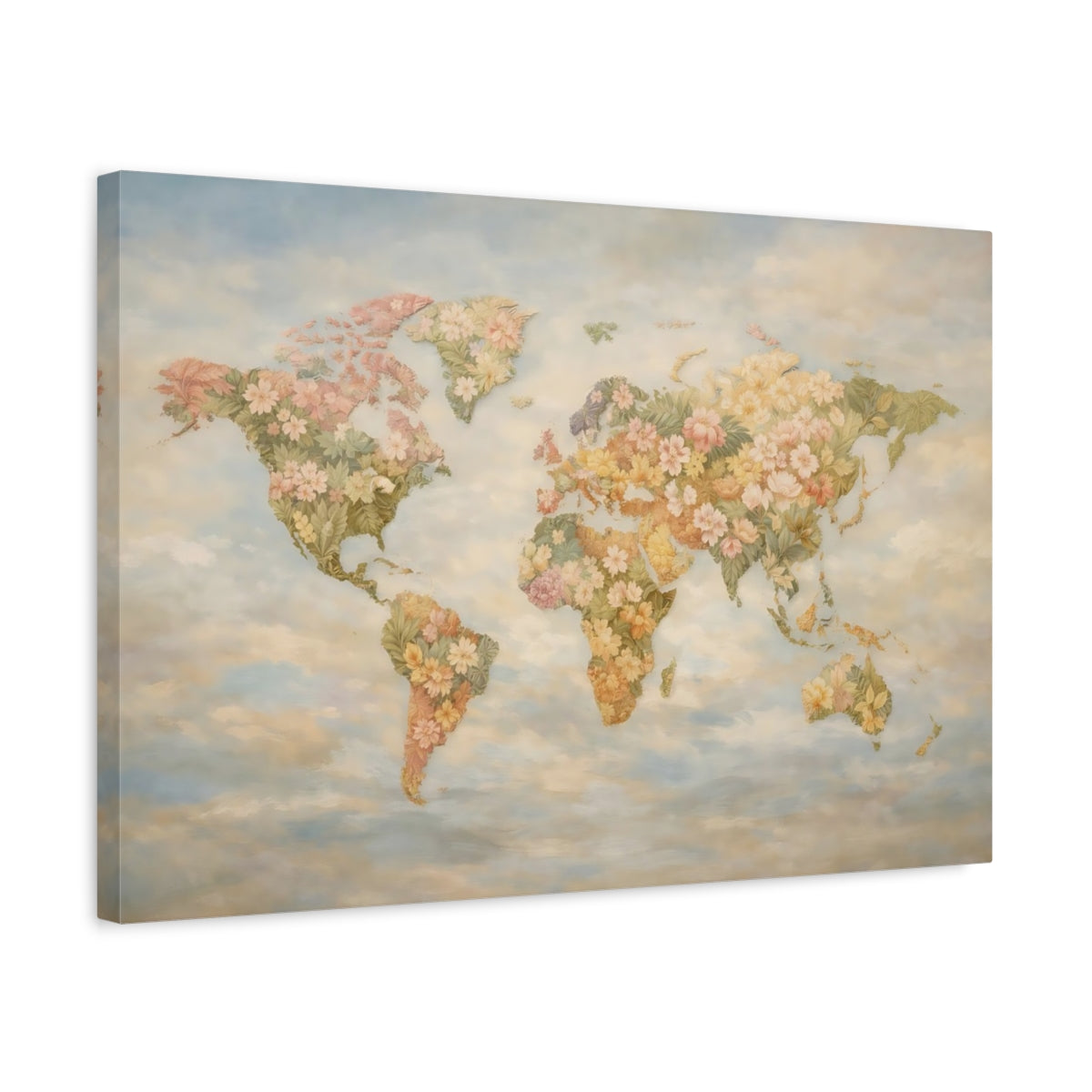 Side Mockup 3. Floral World Map Pastel Floral Map shown as stretched canvas wall art