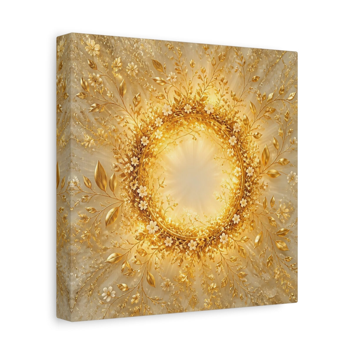 Side Mockup 9. Floral Floral Wreath Gold Floral shown as stretched canvas wall art