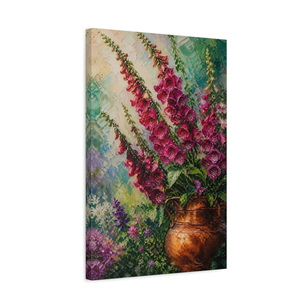 Side Mockup 3. Foxglove Flowers In Copper Vase shown as canvas print