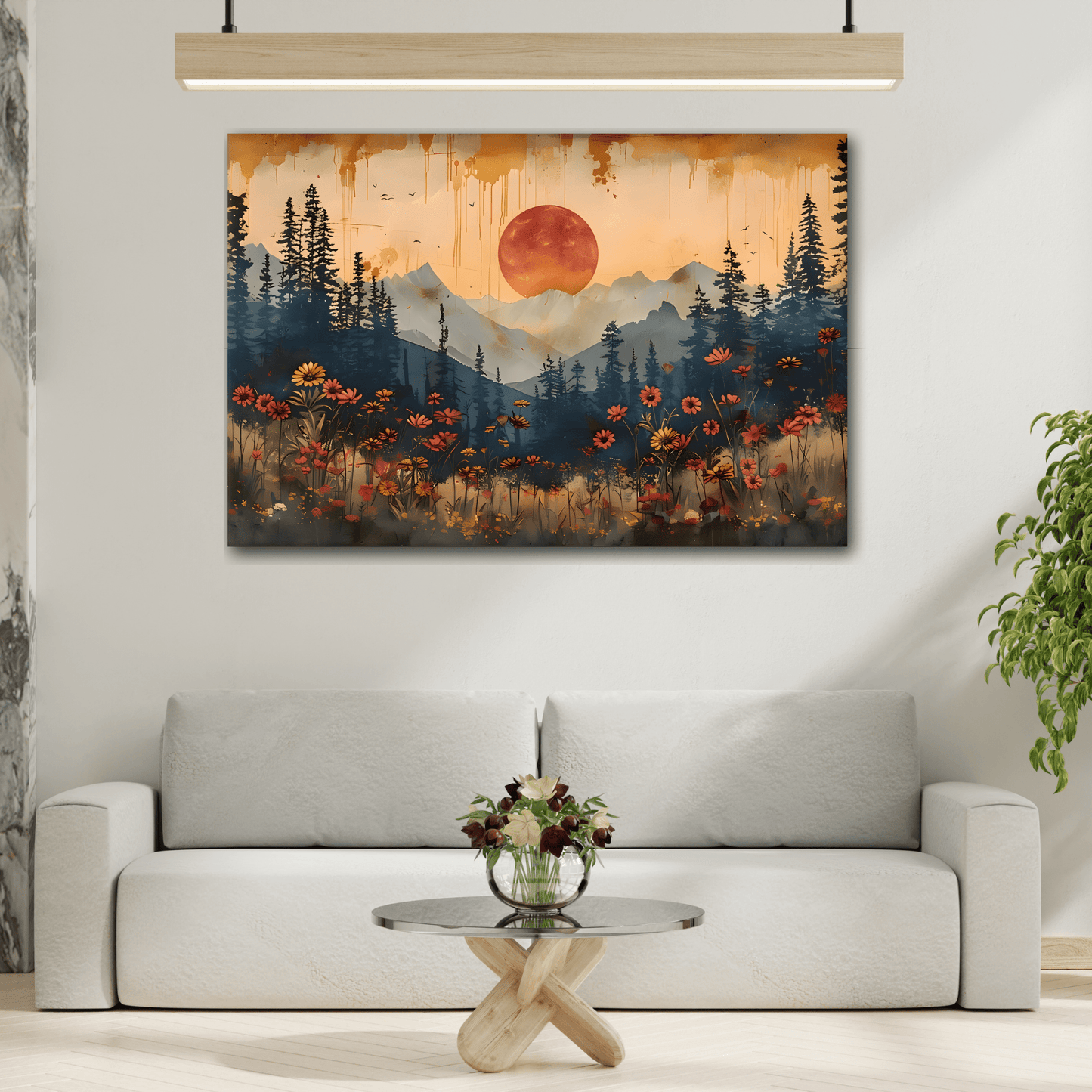 Full Moon Wildflower Canvas, Moonlit Forest Rustic Mountain Wall Art - YesArtYes