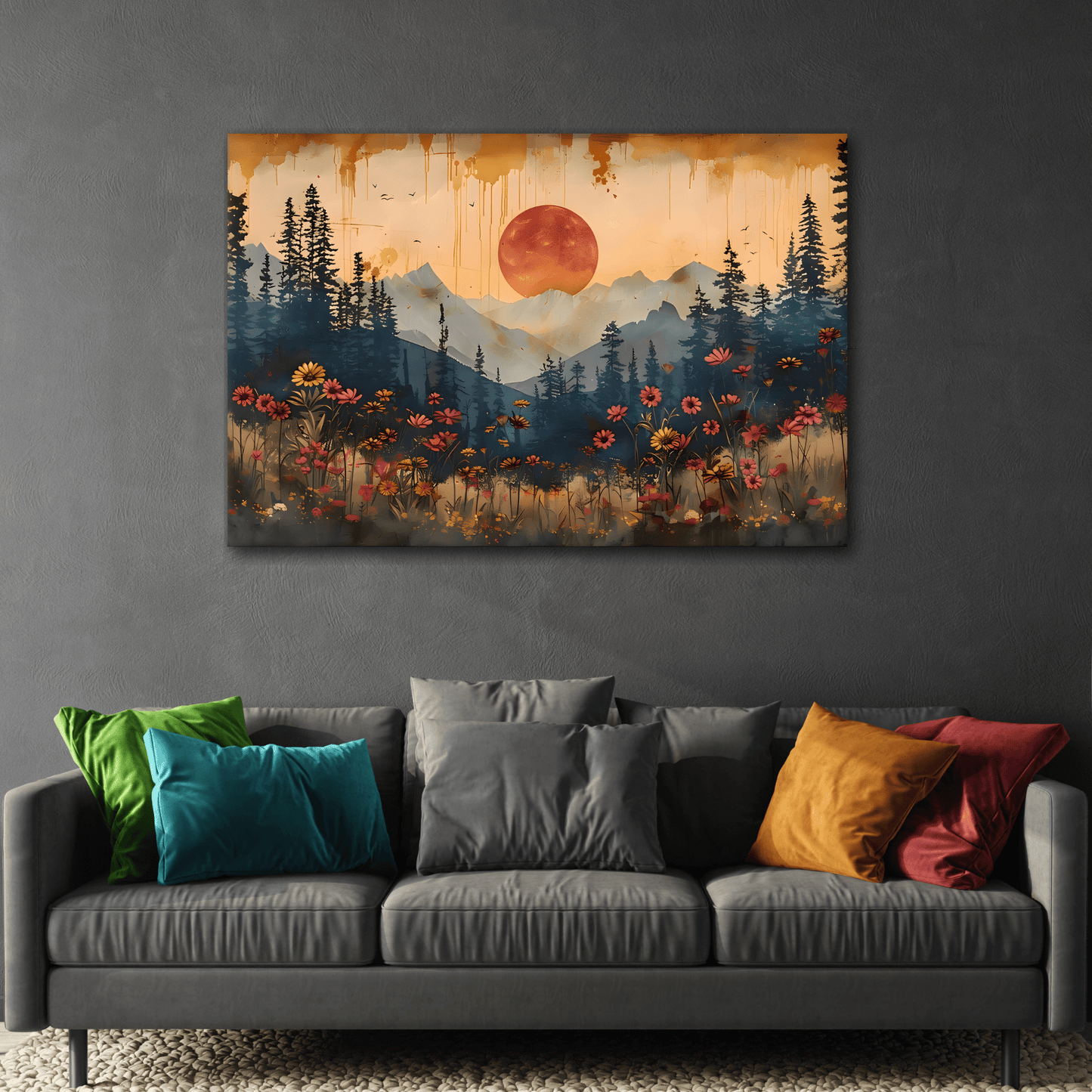 Full Moon Wildflower Canvas, Moonlit Forest Rustic Mountain Wall Art - YesArtYes