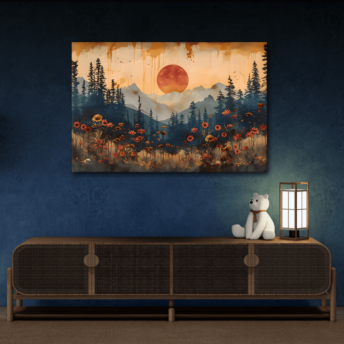Full Moon Wildflower Canvas, Moonlit Forest Rustic Mountain Wall Art - YesArtYes
