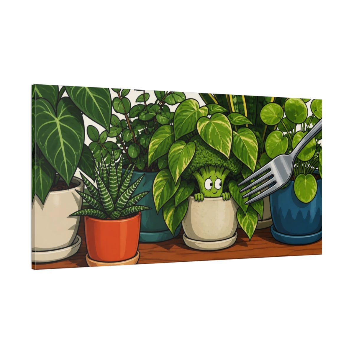 Side Mockup 2. Funny Broccoli Hideout shown as canvas print