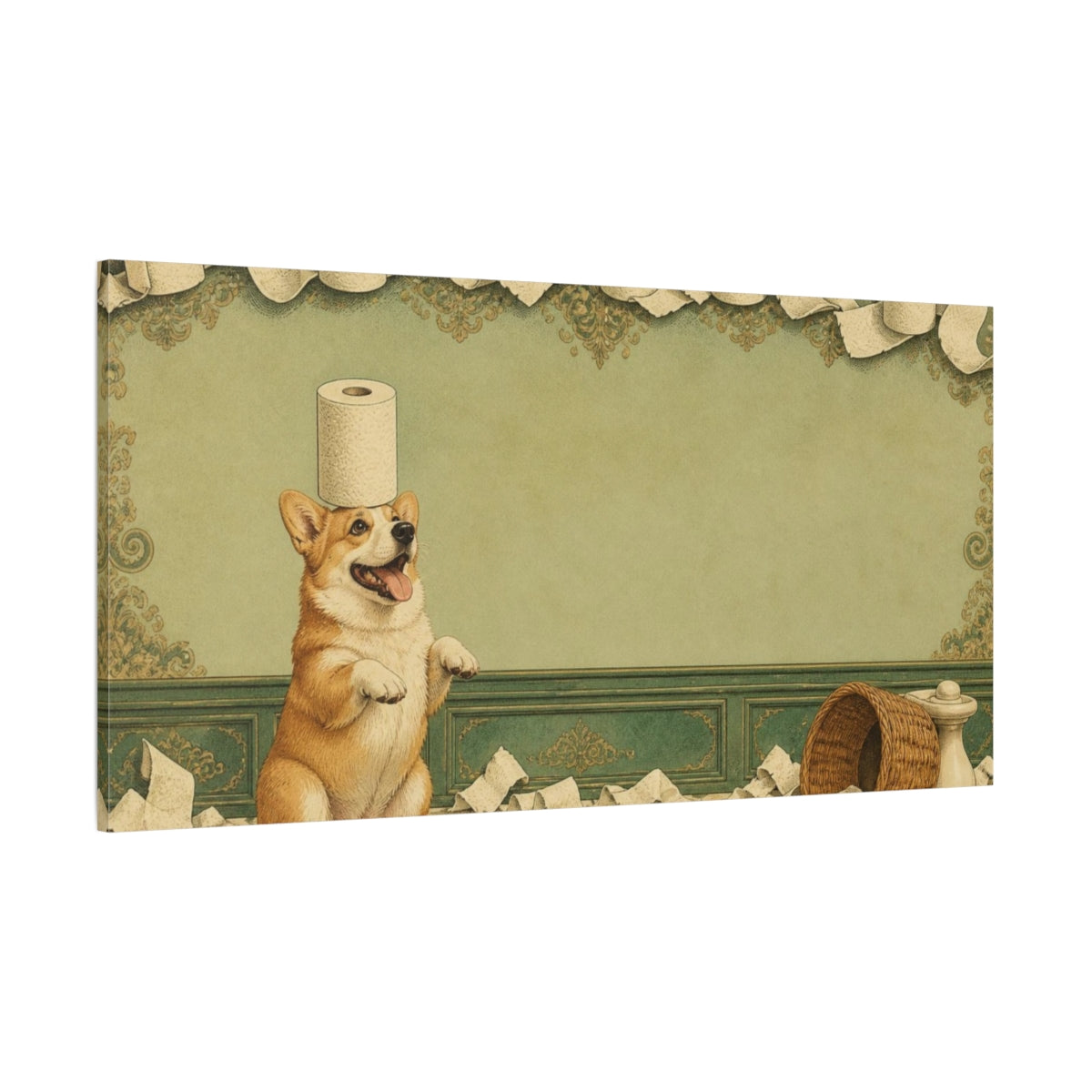 Side Mockup 2. Funny Corgi Balancing Toilet Paper shown as canvas print