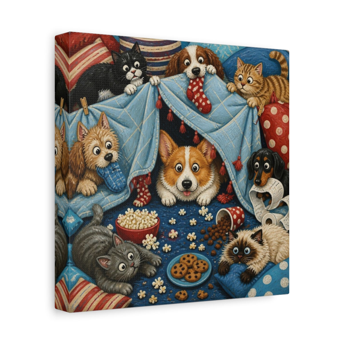 Side Mockup 9. Funny Corgi Blanket Fort shown as canvas print
