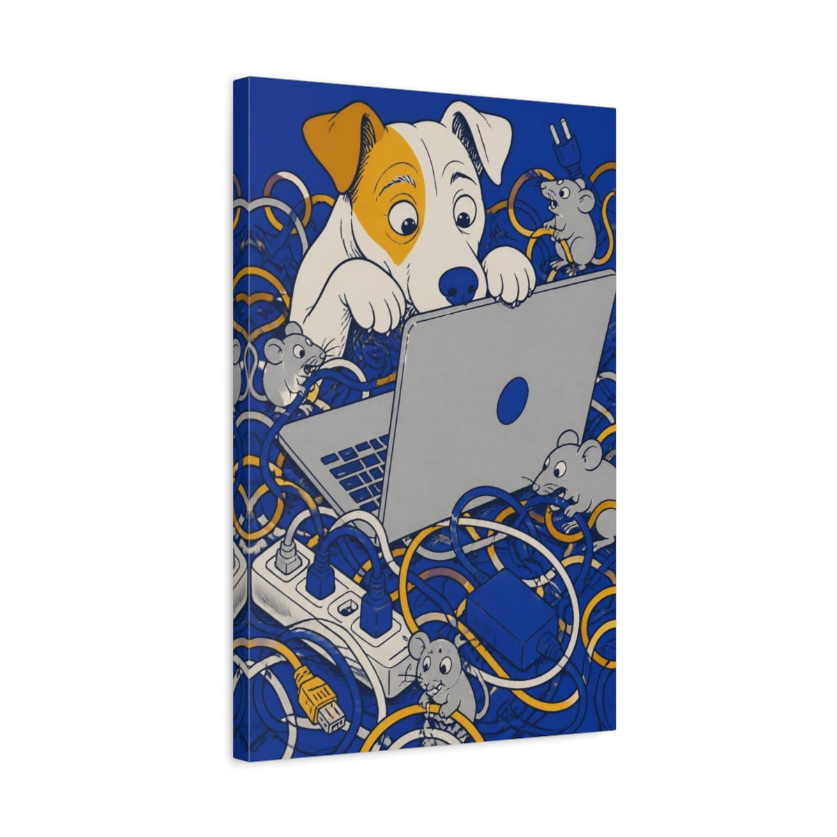Side Mockup 3. Funny Curious Dog At Laptop shown as canvas print